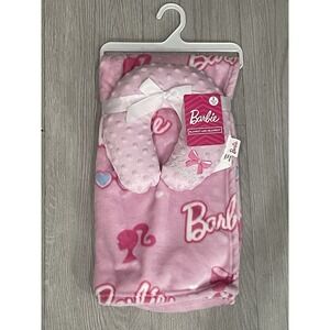 NEW Set of Barbie Soft Lightweight Kids Blanket Pink Size 30x36 & Pink Headrest